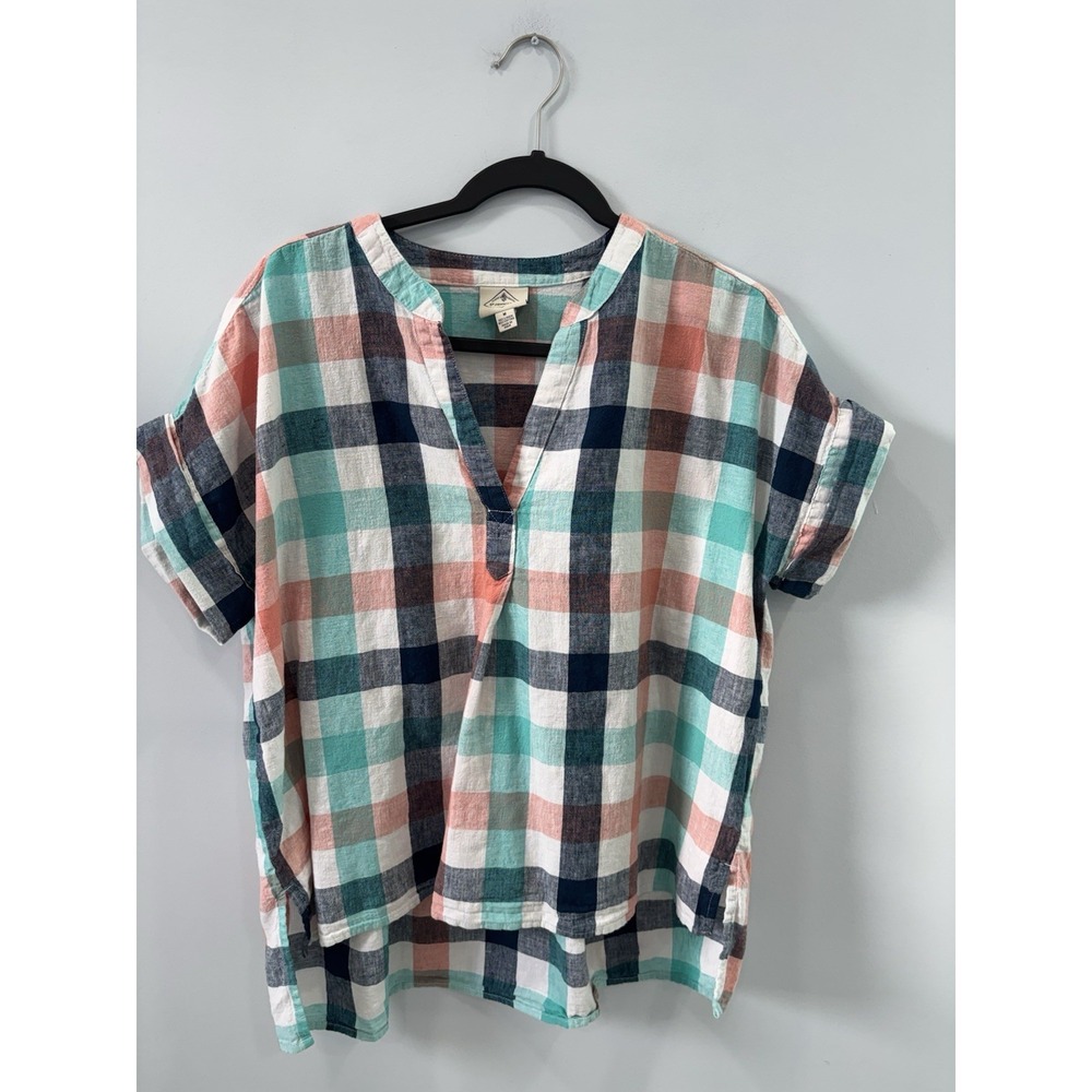 St Johns Bay Women's Linen Cotton Plaid Tunic Top M Blue Boxy Resortwear - Picture 1 of 9